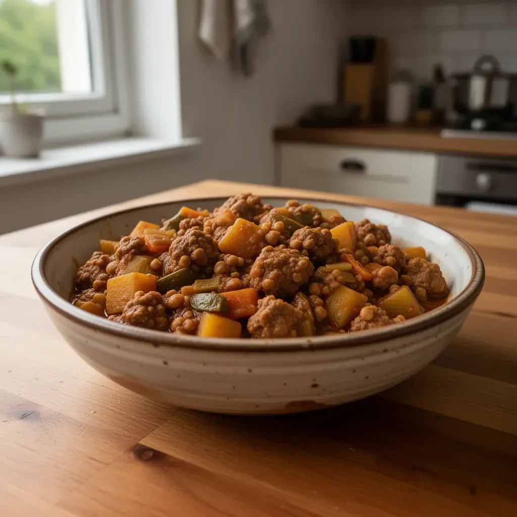 Stufato giamaicano ital con verdure e proteine di soia in un piatto colorato