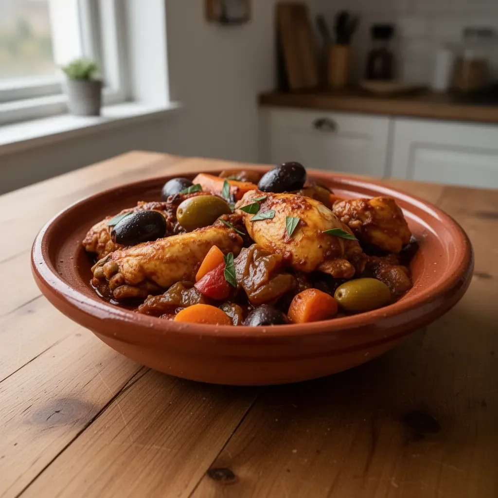 Tajine di Pollo alle Spezie servito in una tradizionale tagine marocchina.