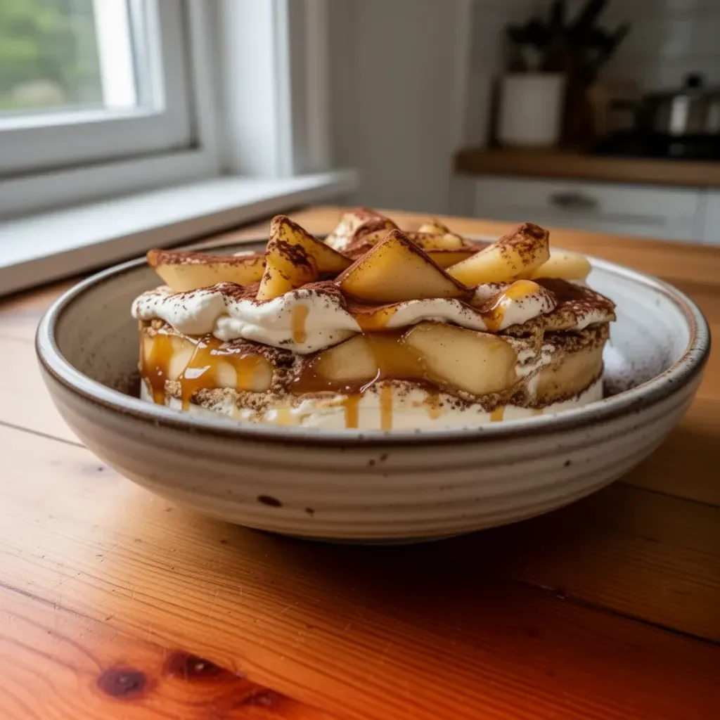 Tiramisu al caramello burro salato e mele, un dessert elegante e gustoso.