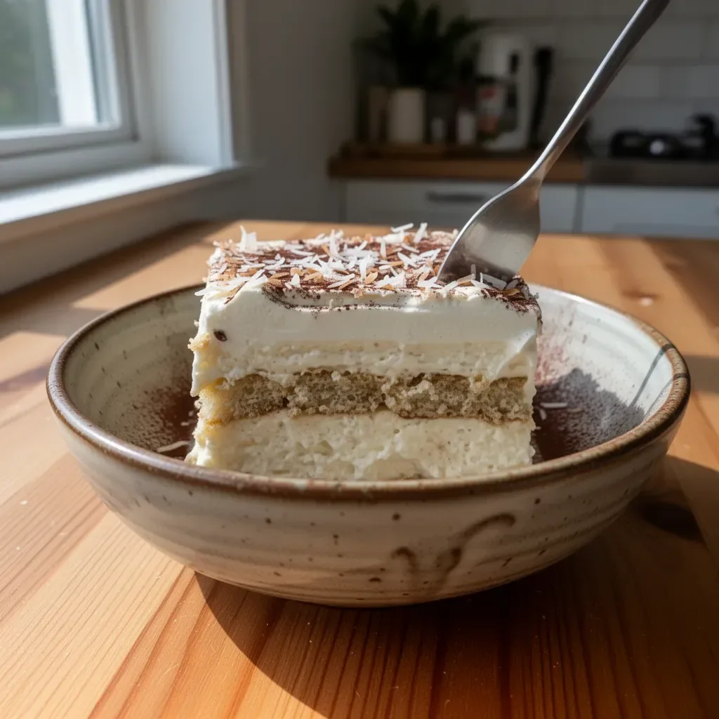 Delizioso tiramisù al cocco con strati di crema e cacao