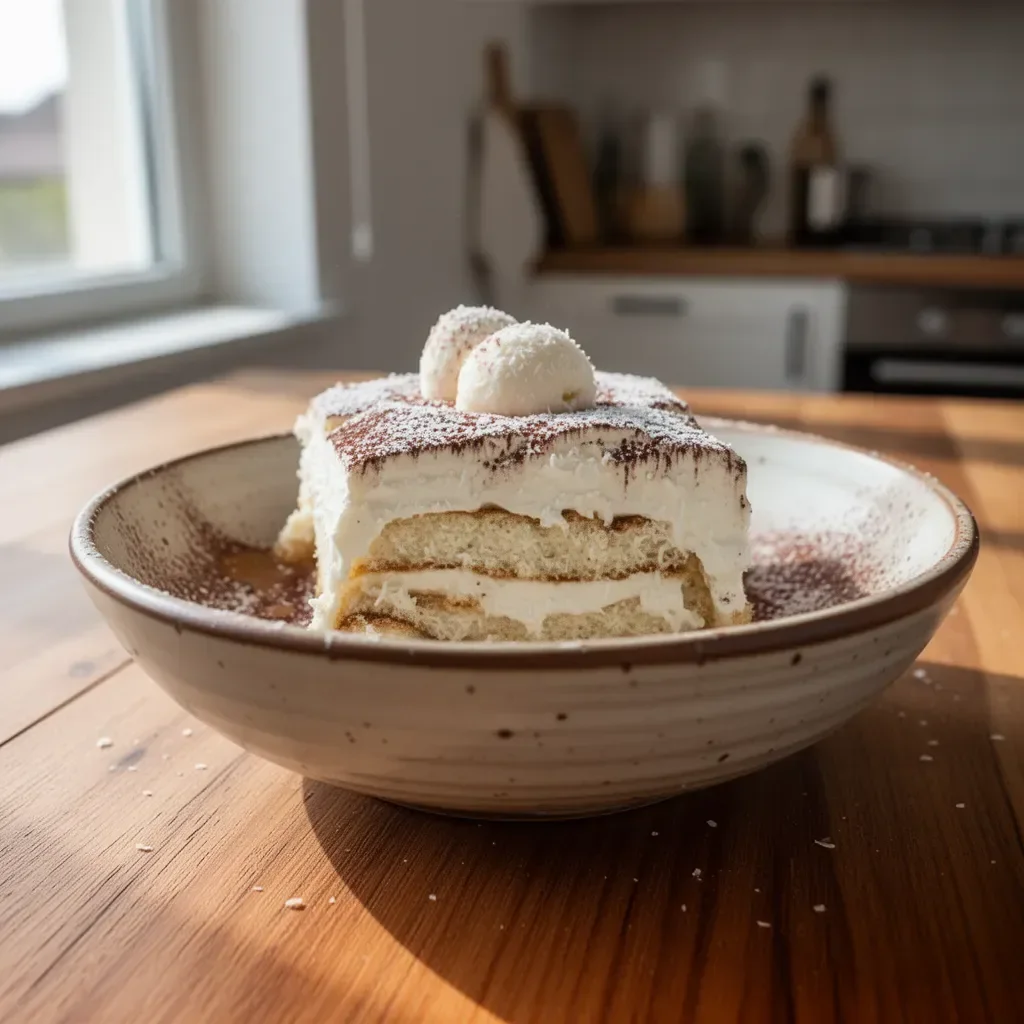 Tiramisù al cocco Raffaello servito in un piatto con decorazioni
