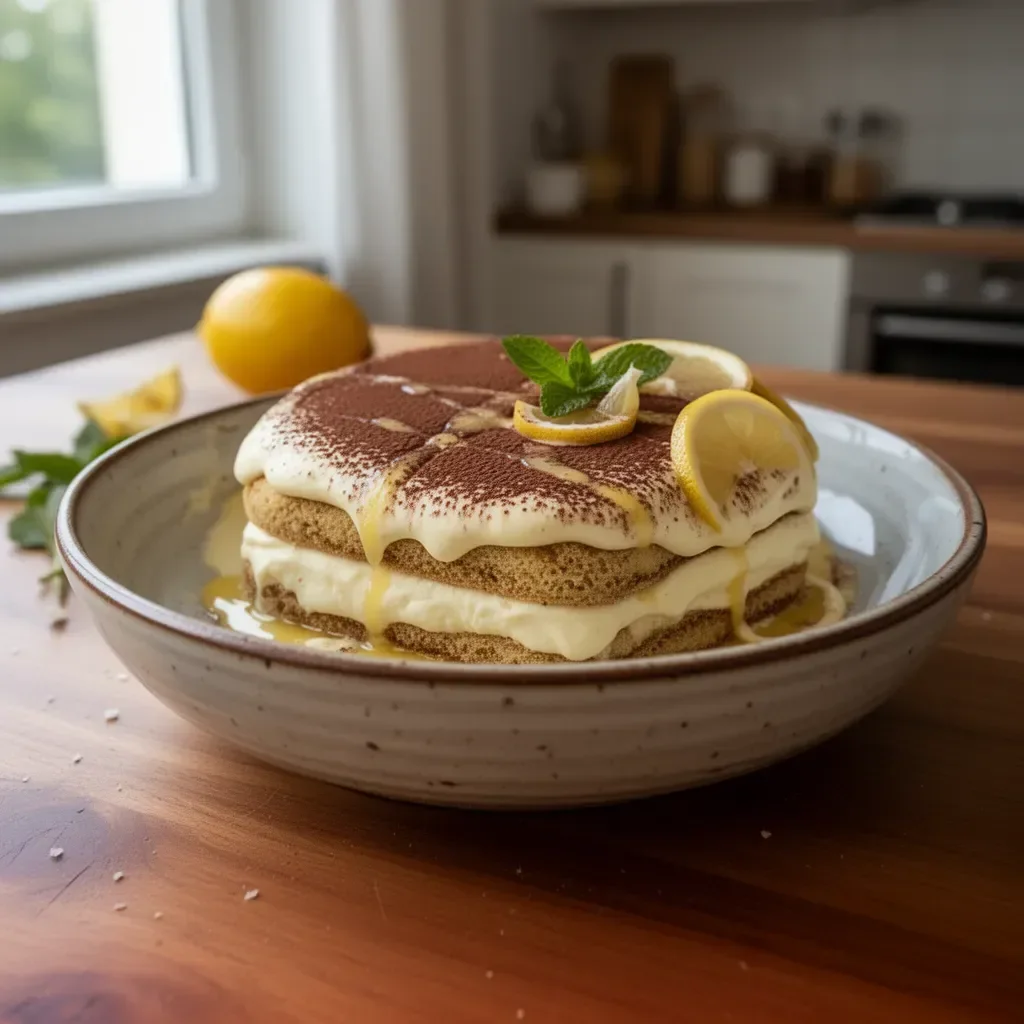 Tiramisù al limone con crema di limone servito in un piatto elegante
