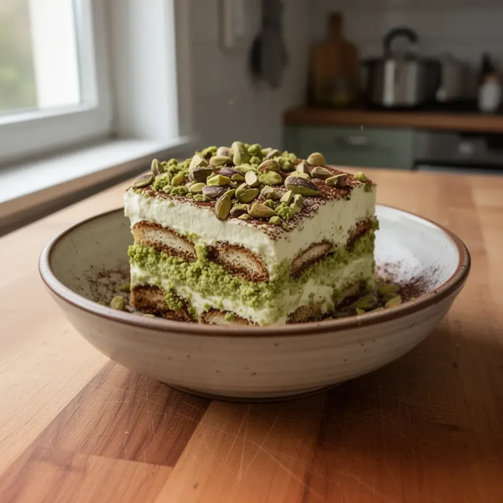 Tiramisu alla crema di pistacchio servito in un piatto elegante.