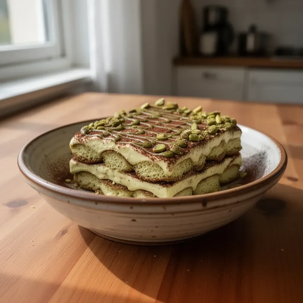 Tiramisù alle pistacchi servito in un piatto elegante