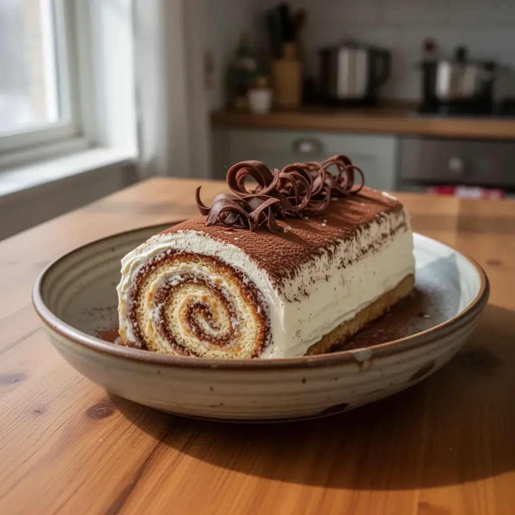 Tiramisù Gourmet a Forma di Tronco di Natale decorato con cacao e cioccolato
