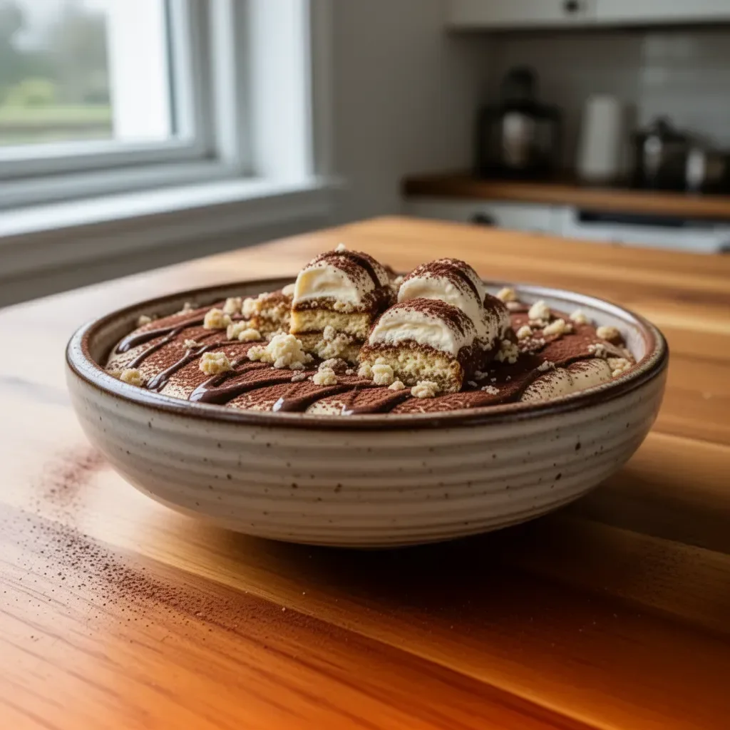 Tiramisu Kinder Bueno decorato con cioccolato e nocciole.