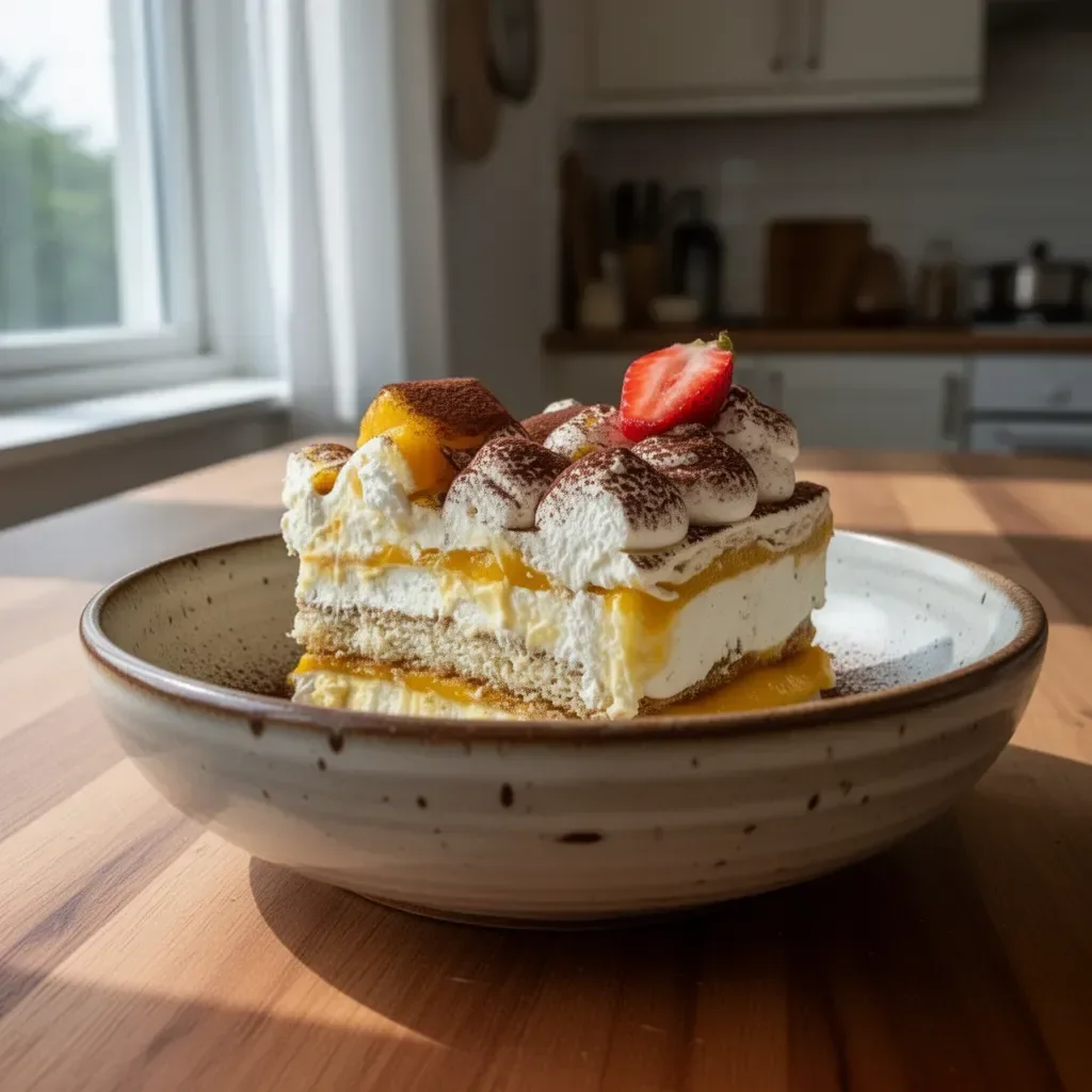 Tiramisu mango: dolce cremoso con un tocco esotico di mango.