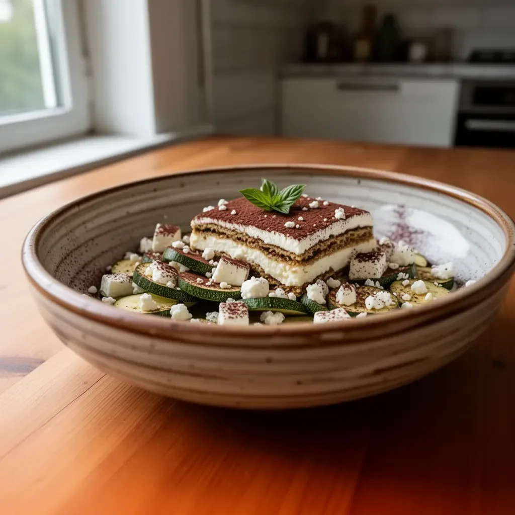 Tiramisù salato con zucchine e feta presentato su un piatto elegante.
