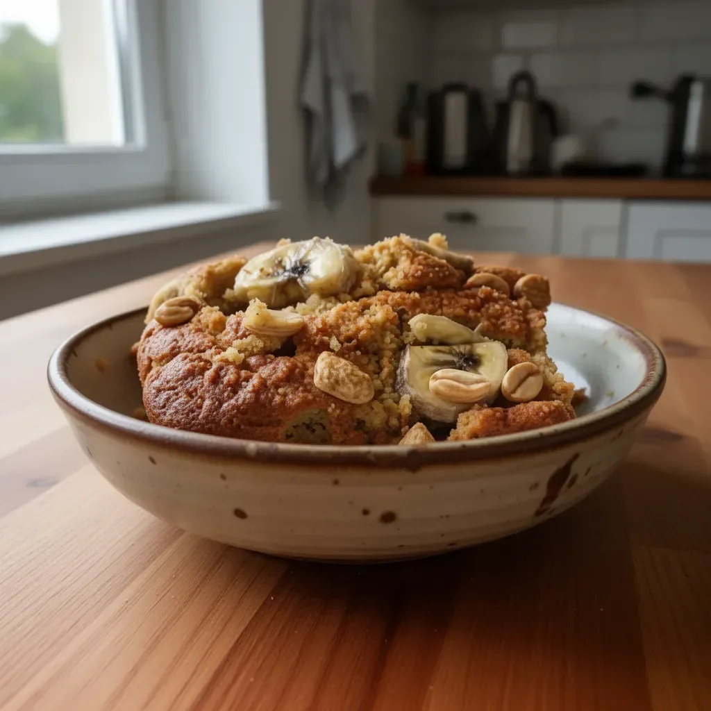 Deliziosa torta di banane sana appena sfornata con ingredienti freschi.