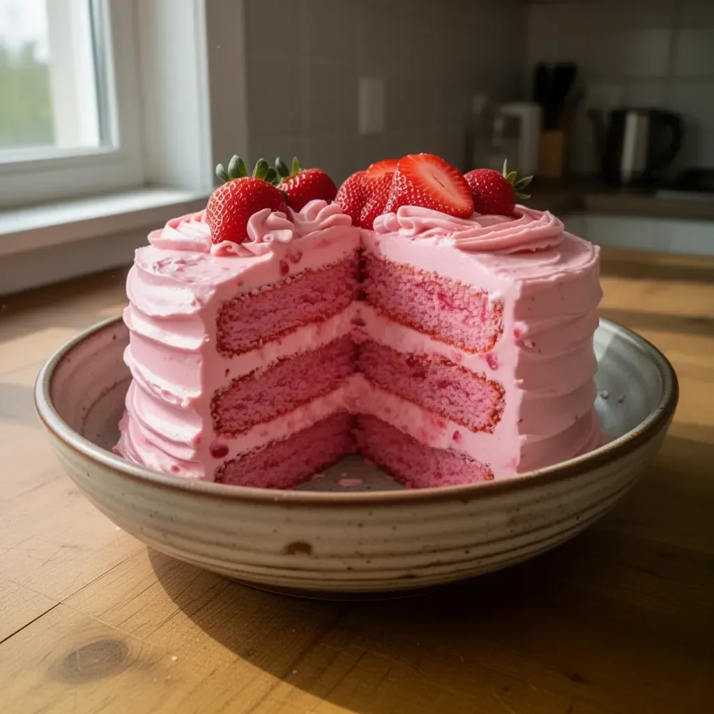 Torta di fragole fatta in casa decorata con glassa di fragole fresca.
