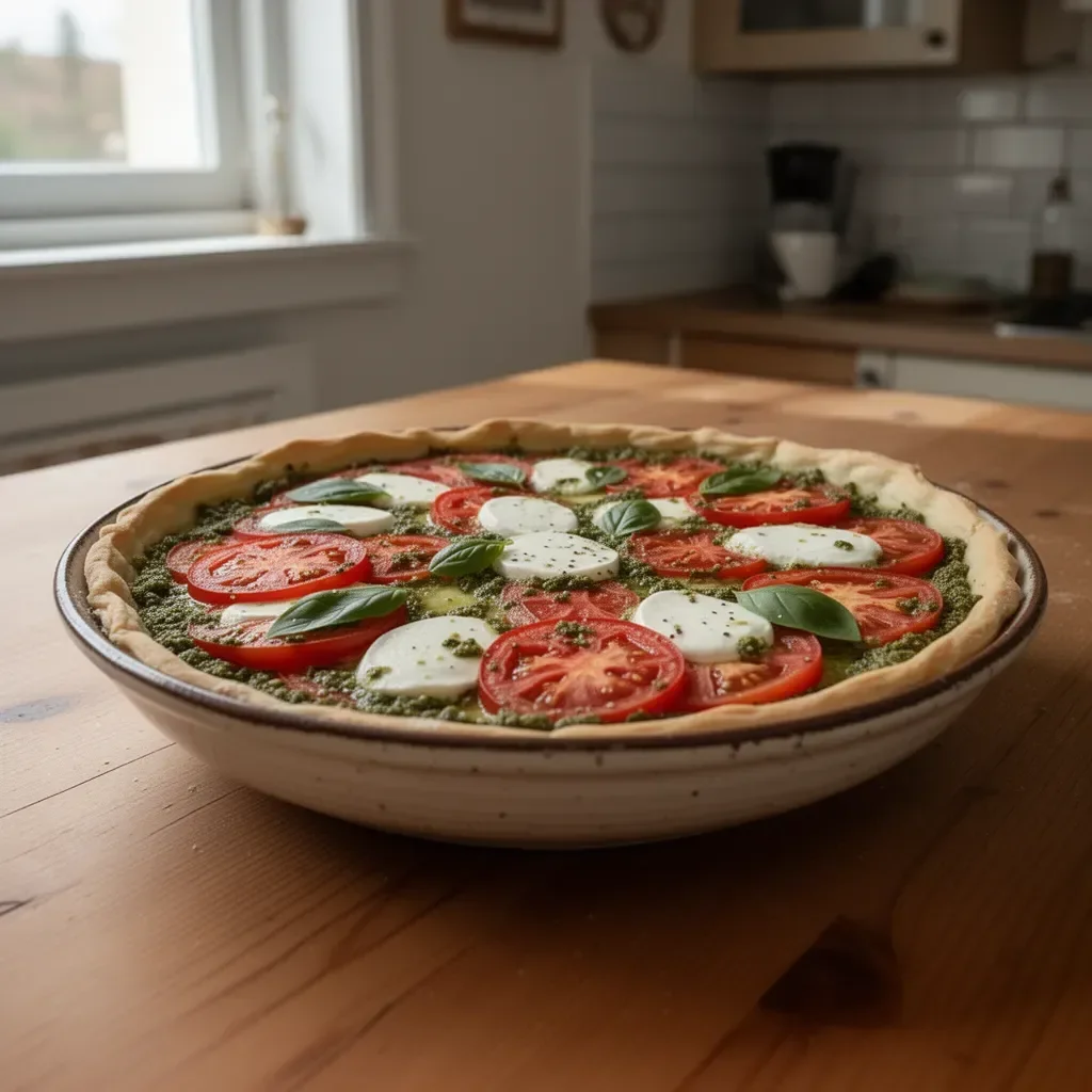 Torta di pomodoro con pesto e mozzarella, un piatto gustoso e colorato