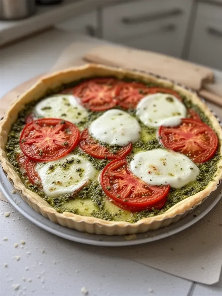 Torta di pomodoro, pesto e mozzarella