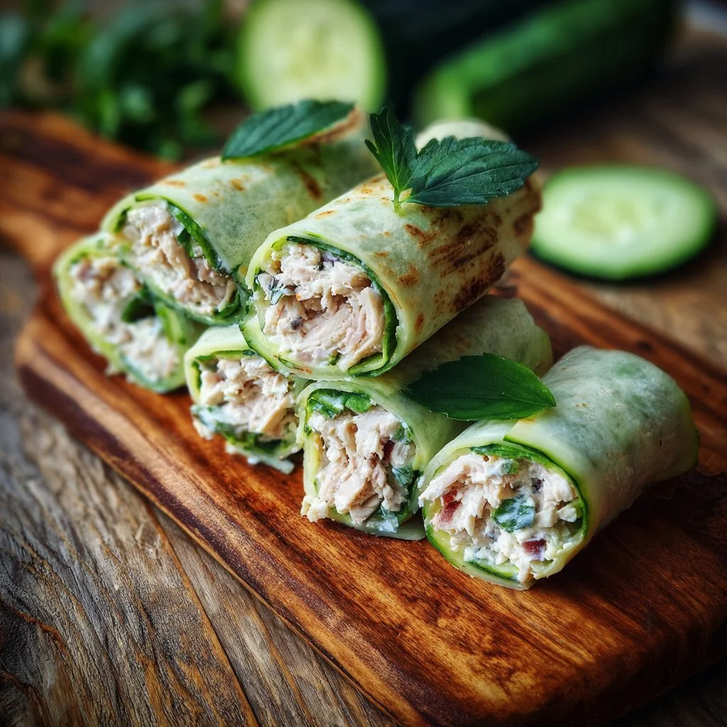 Wraps freddi con tonno, cetriolo e formaggio fresco su un piatto