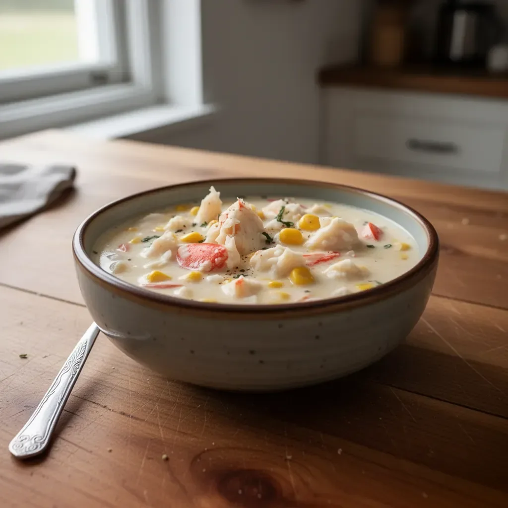 Zuppa di granchio e mais servita in una ciotola con guarnizione
