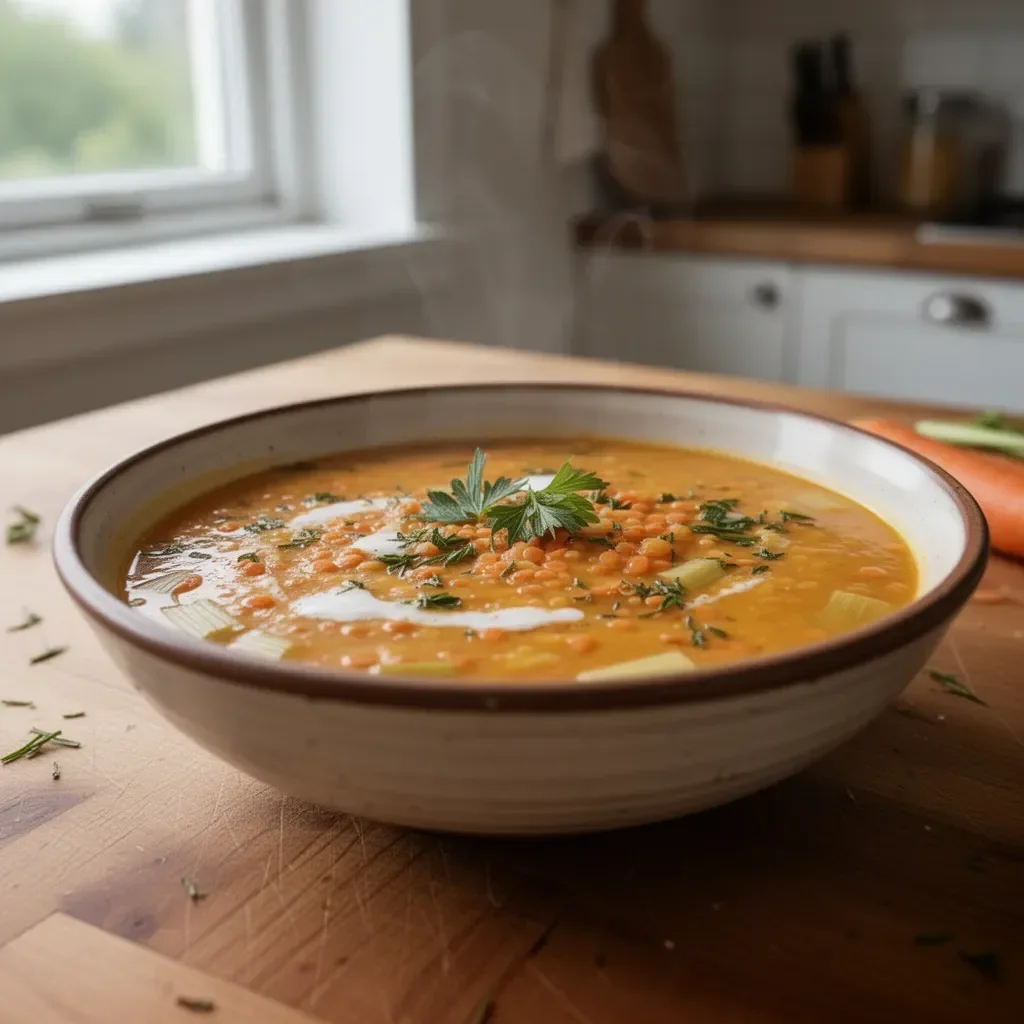 Zuppa di lenticchie corallo con carote e porri servita in una ciotola