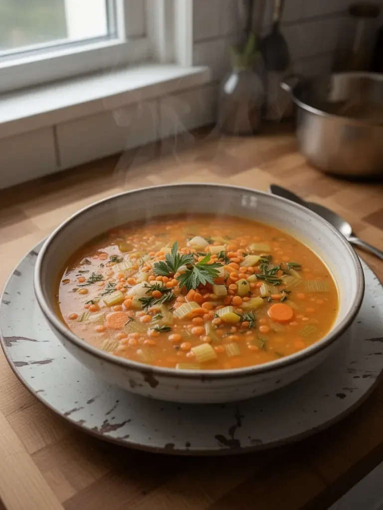 Zuppa di lenticchie corallo, carote e porri