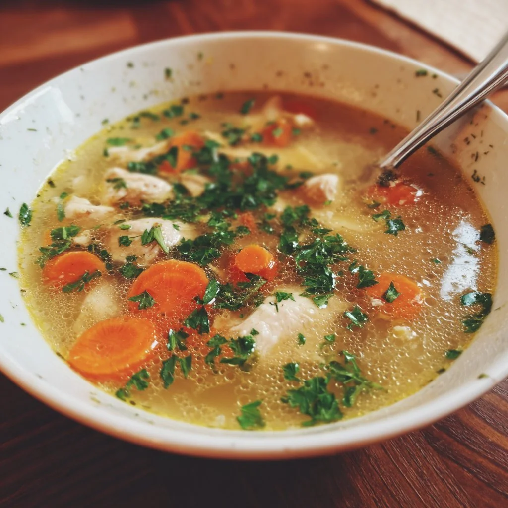Zuppa di pollo fatta in casa sana in una ciotola