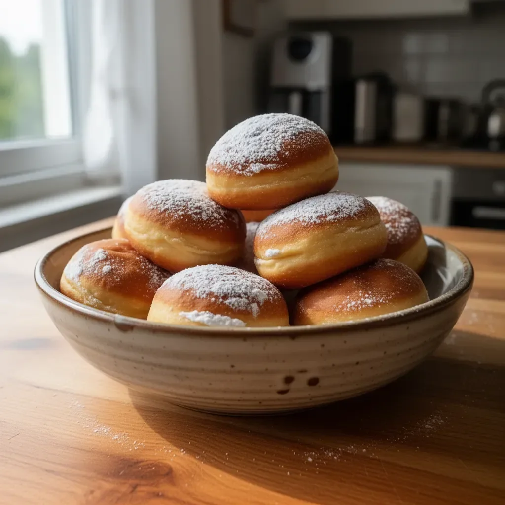 Beignets leggeri preparati in friggitrice ad aria con una spolverata di zucchero a velo.