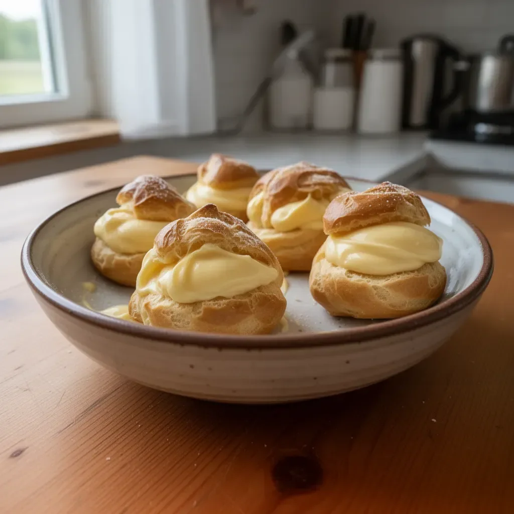 Bignè alla crema pasticcera appena sfornati, soffici e golosi.