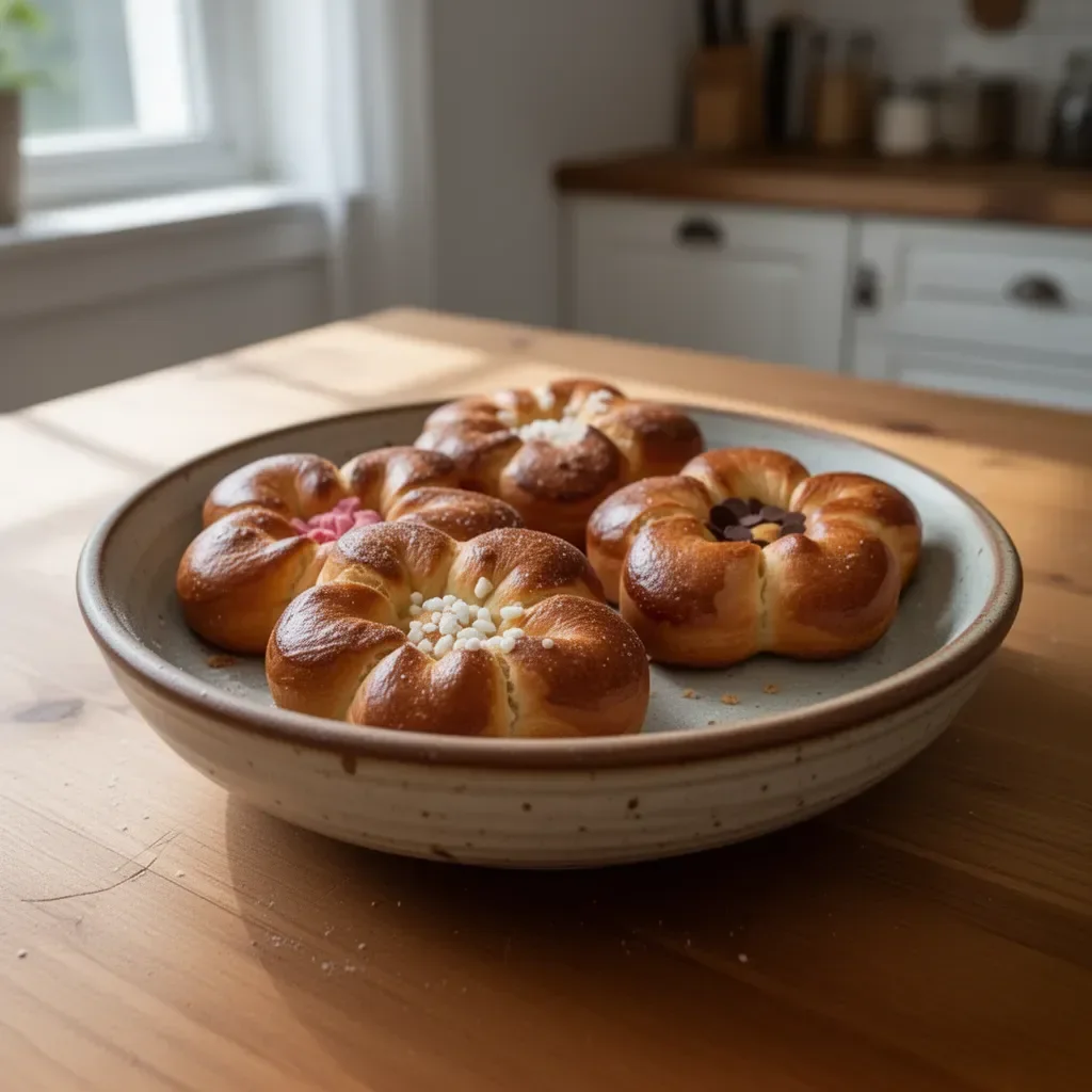Brioche fiori decorativi a forma di fiore, dolce da forno artigianale.