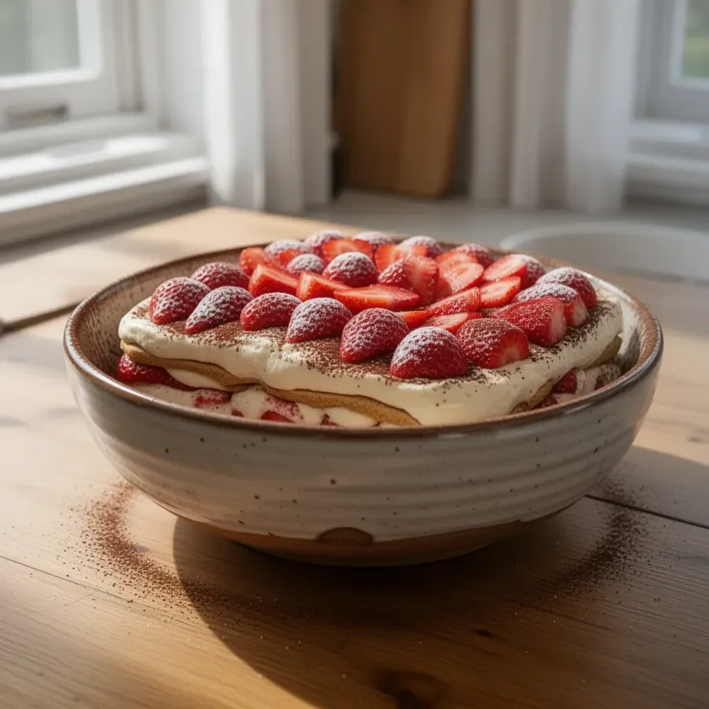 Charlotte alle Fragole in stile Tiramisu pronta per essere servita
