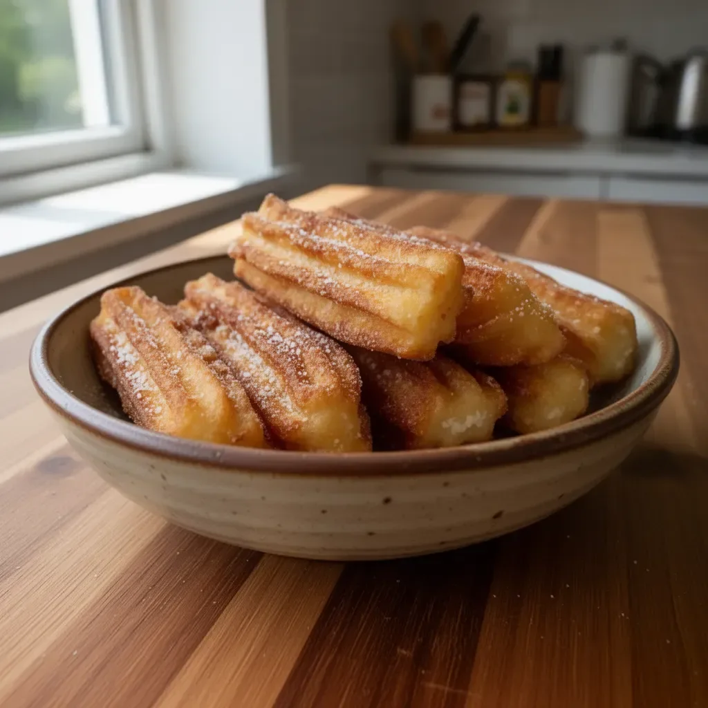 Churros freschi con zucchero e cioccolato fondente