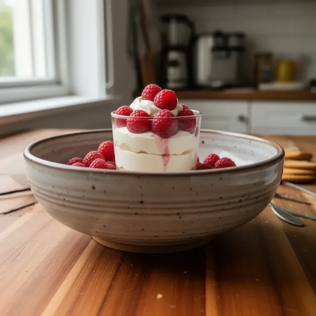 Verrine ai lamponi e crema alla vaniglia servite in bicchieri trasparenti