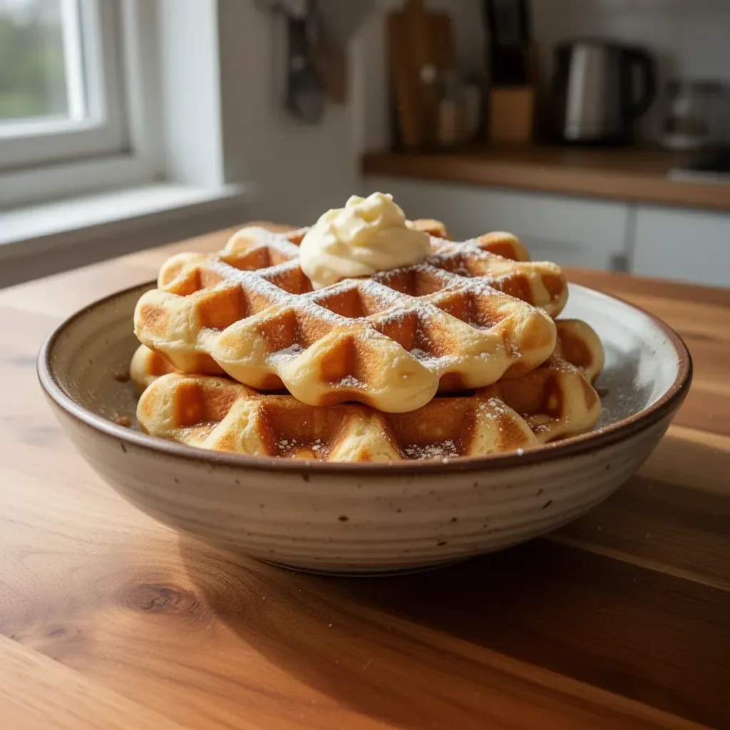 Gaufre Brioche appena sfornata servita con frutta e sciroppo.