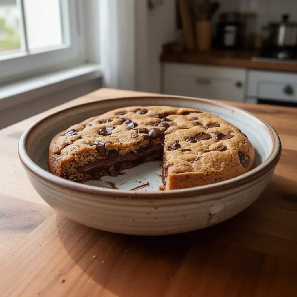Giant cookie ripieno di cioccolato spalmabile in un piatto