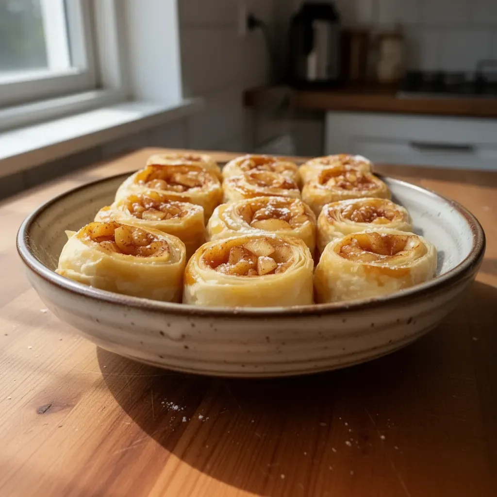 Girelle Sfoglie di Mele fresche appena sfornate su un piatto decorato.