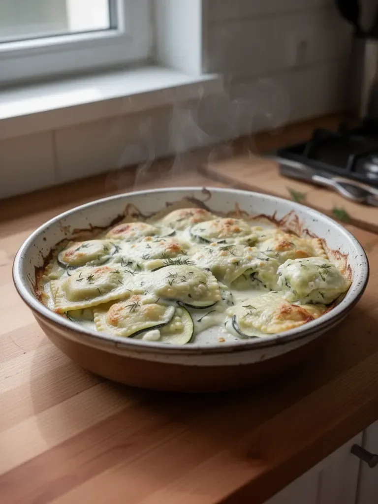 Gratin di ravioli con zucchine e crema di capra