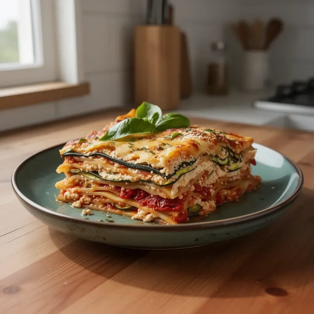 Lasagna con Verdure del Sole, un piatto italiano ricco e colorato.