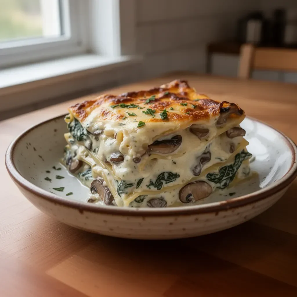 Lasagna cremosa con spinaci e funghi pronta da servire in un piatto.