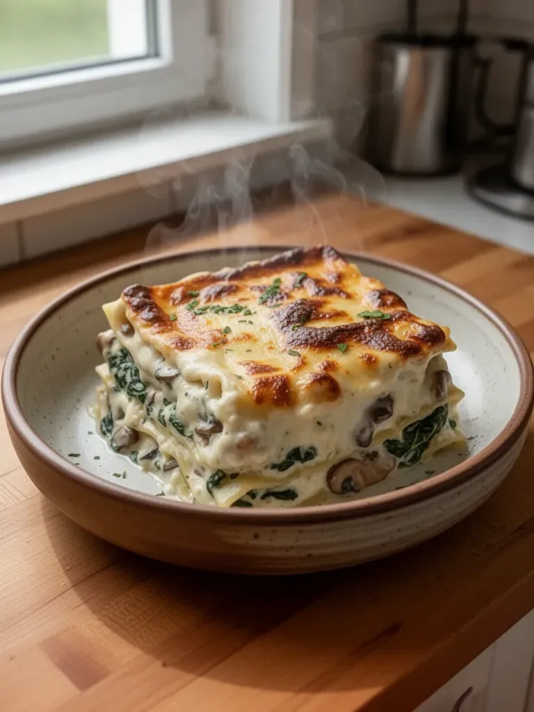 Lasagna cremosa con spinaci e funghi