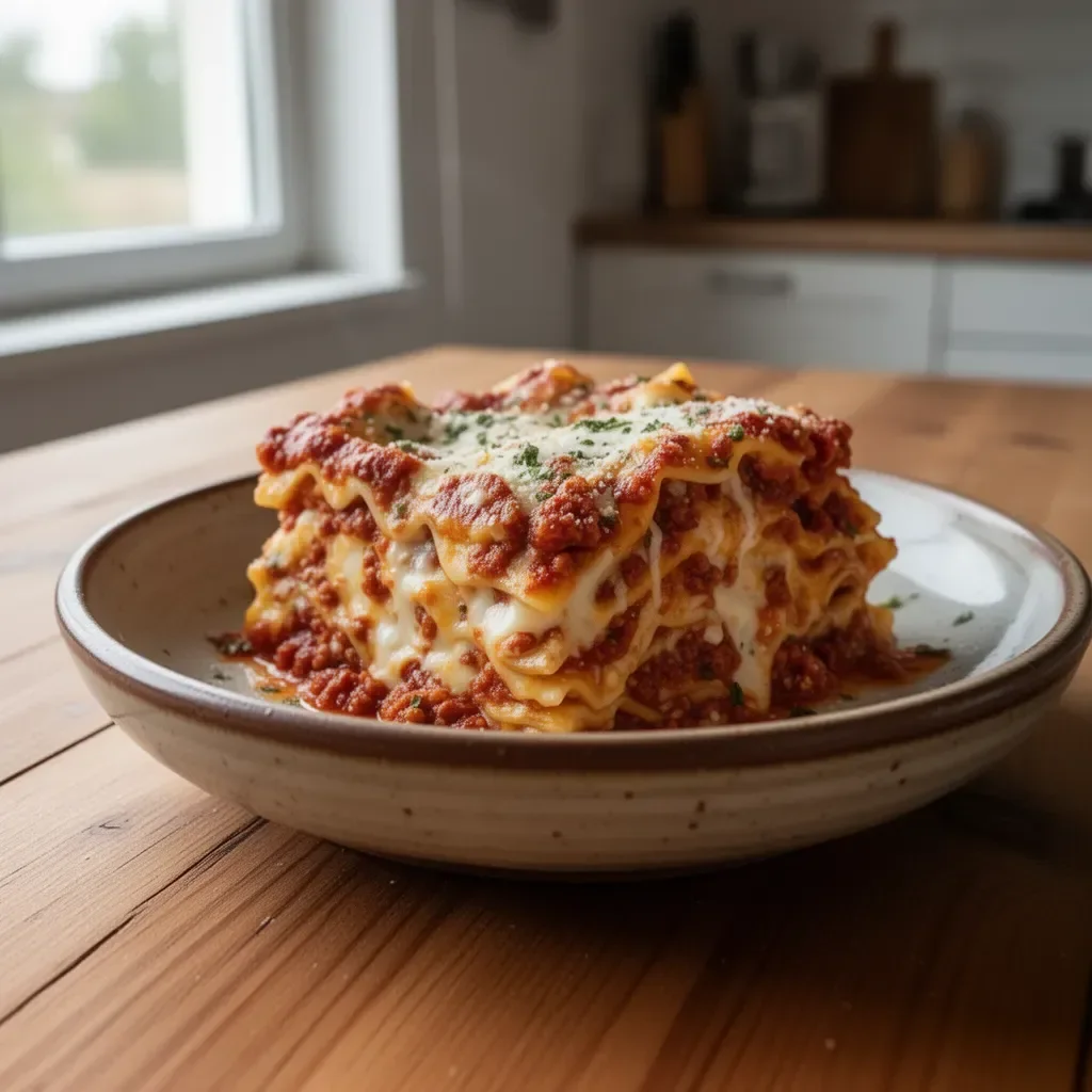 Lasagna facile e veloce pronta per essere servita con ingredienti freschi.