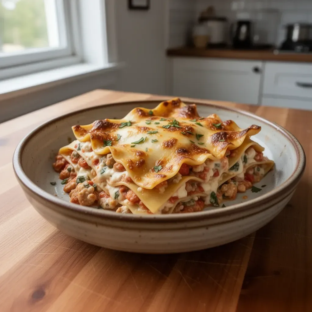Lasagna cucinata in pentola a cottura lenta con strati di carne e formaggio