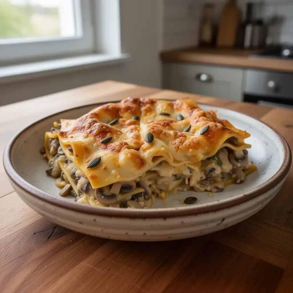 Lasagne alla butternut e ai funghi servite in un piatto gourmet