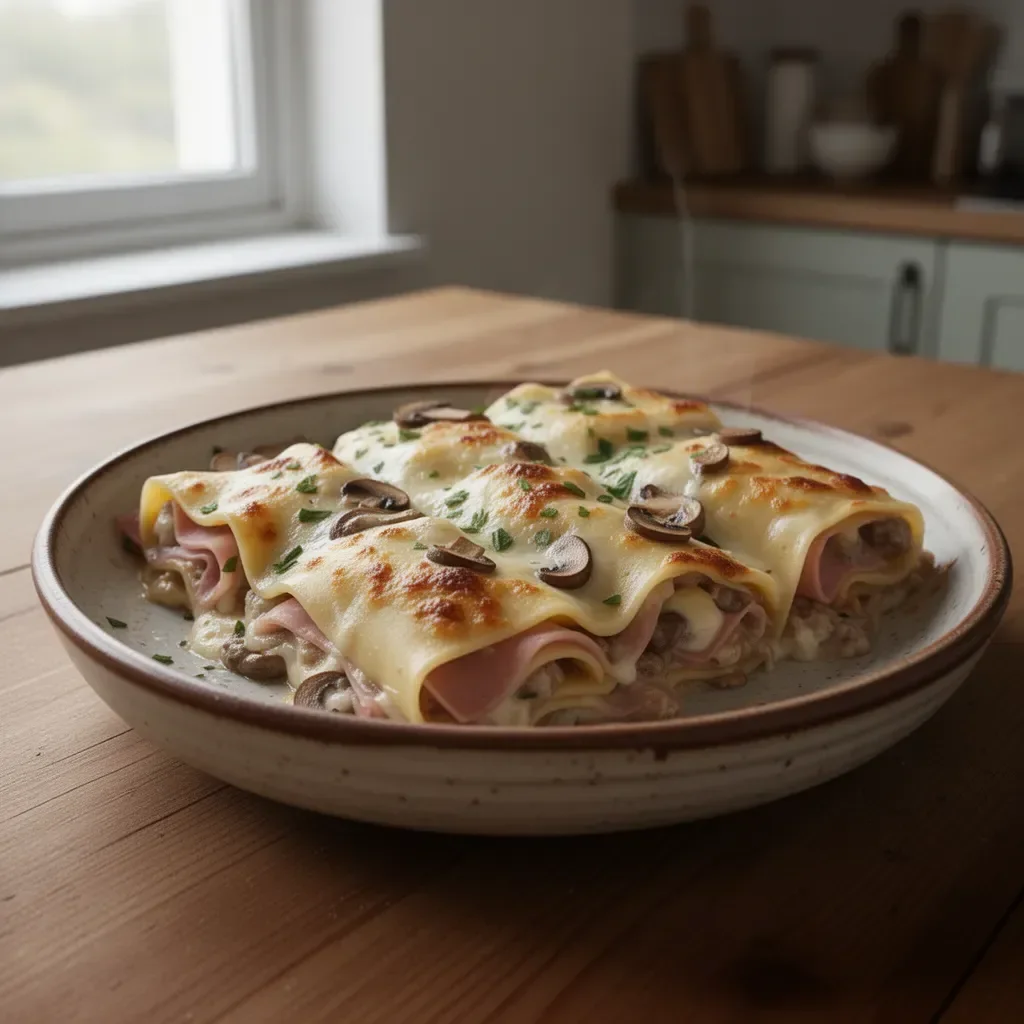 Lasagne arrotolate con prosciutto e funghi, un piatto italiano delizioso