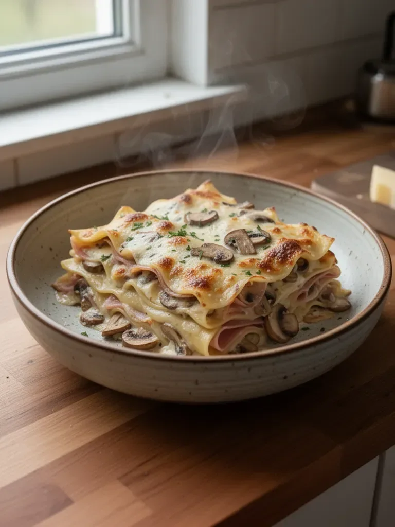 Lasagne arrotolate con prosciutto e funghi