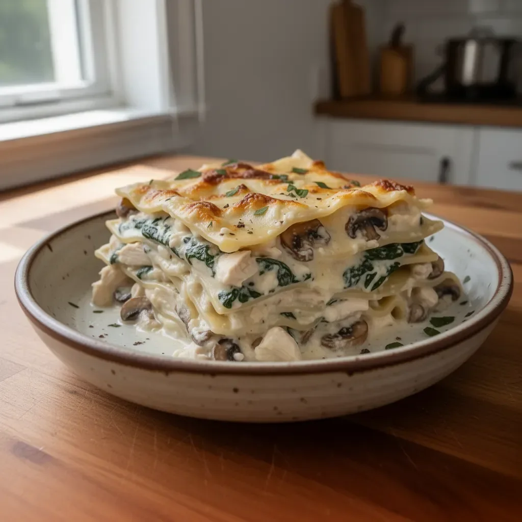 Lasagne Bianche con Pollo, Spinaci e Funghi appena sfornate