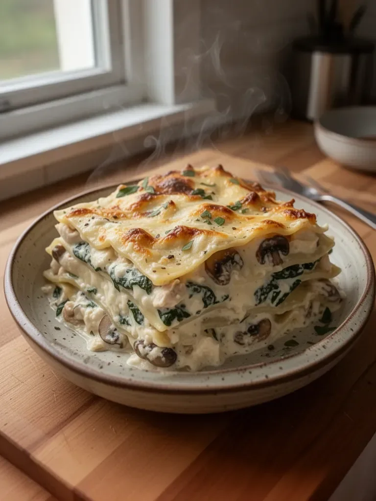 Lasagne Bianche con Pollo, Spinaci e Funghi