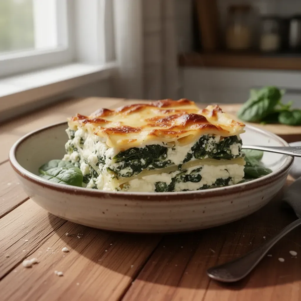Lasagne con spinaci e formaggio di capra freschi e appetitosi