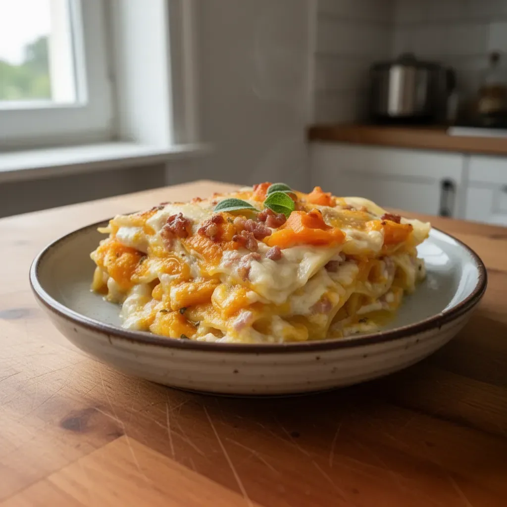 Lasagne leggere con zucca e pancetta pronte da servire