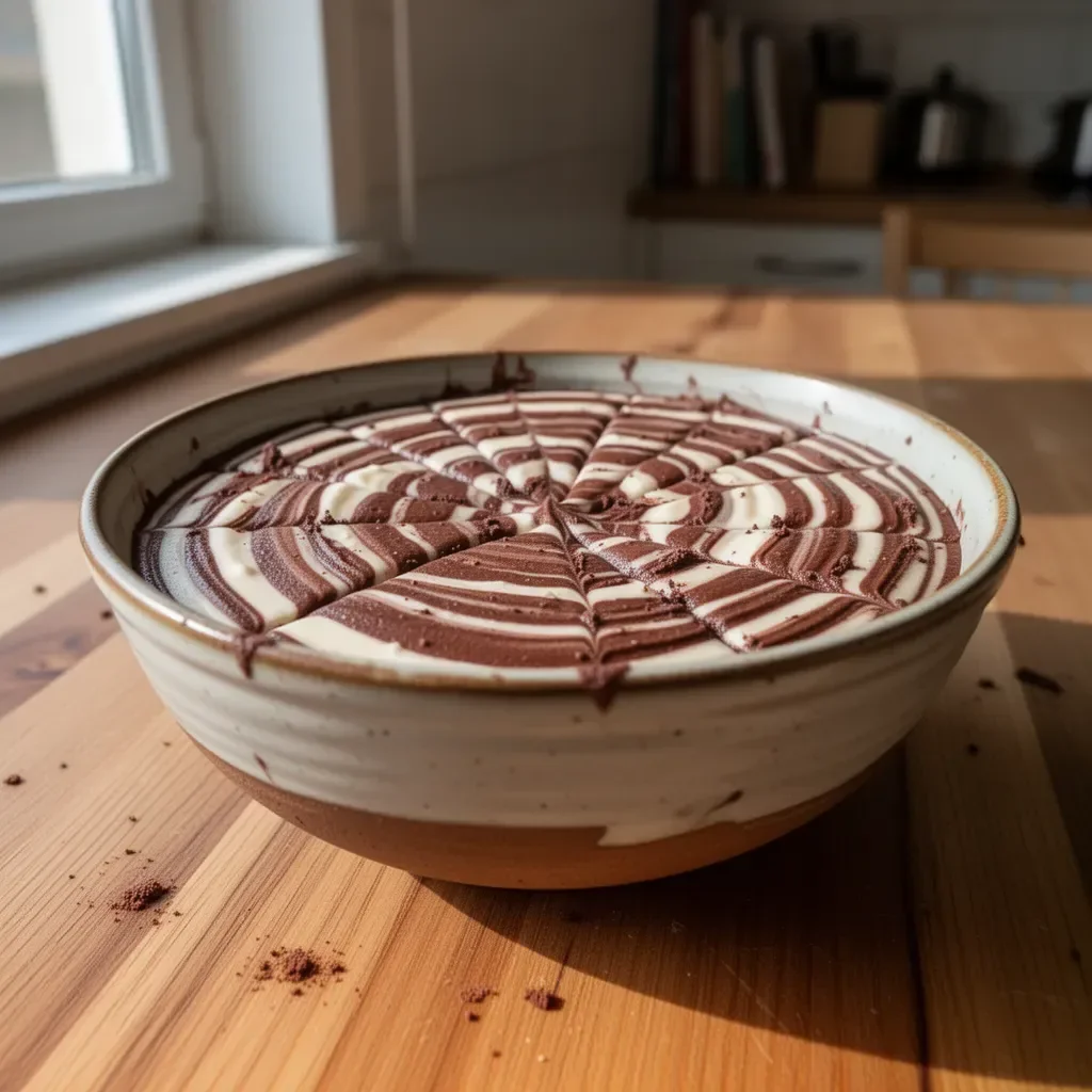 Mousse zebrina ai due cioccolati decorata con scaglie di cioccolato