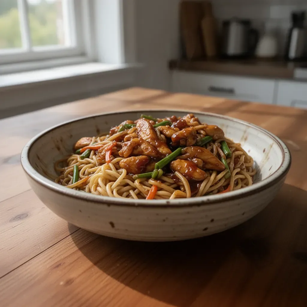Noodles Saltati con Pollo Caramellato, un piatto ricco e saporito