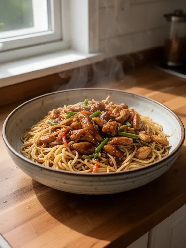 Noodles Saltati con Pollo Caramellato