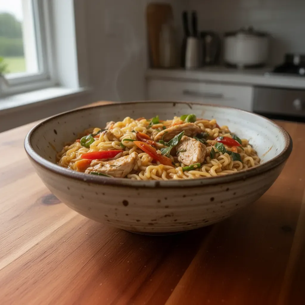 Ciotola di Ramen Pollo Espresso con ingredienti freschi e colorati