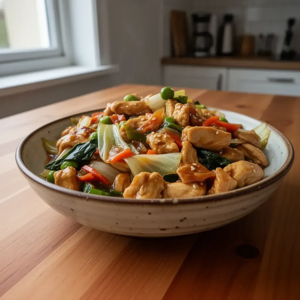 Piatto di Saltato di Cavolo e Pollo alla Cinese servito caldo.