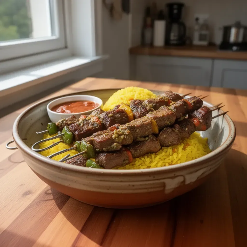Spiedini di agnello serviti con riso giallo in un piatto allettante.