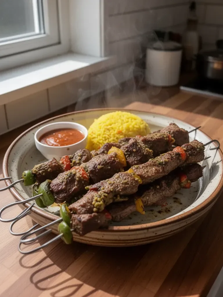 Spiedini di agnello e riso giallo